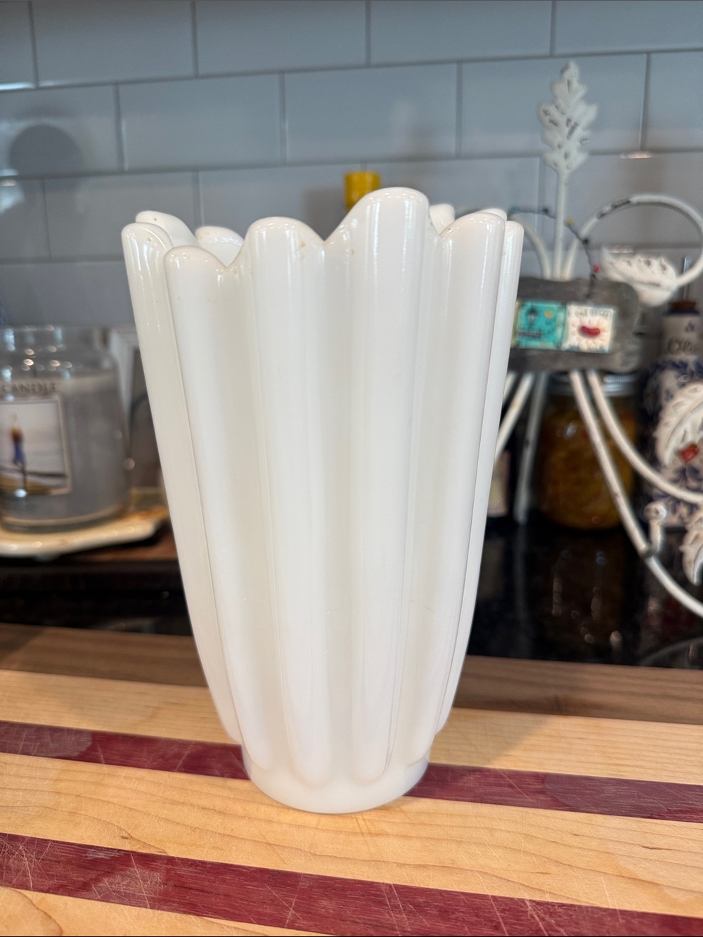 Vintage Fostoria Celestial Pattern Asymmetrical Ribbed Fluted Milk Glass Vase